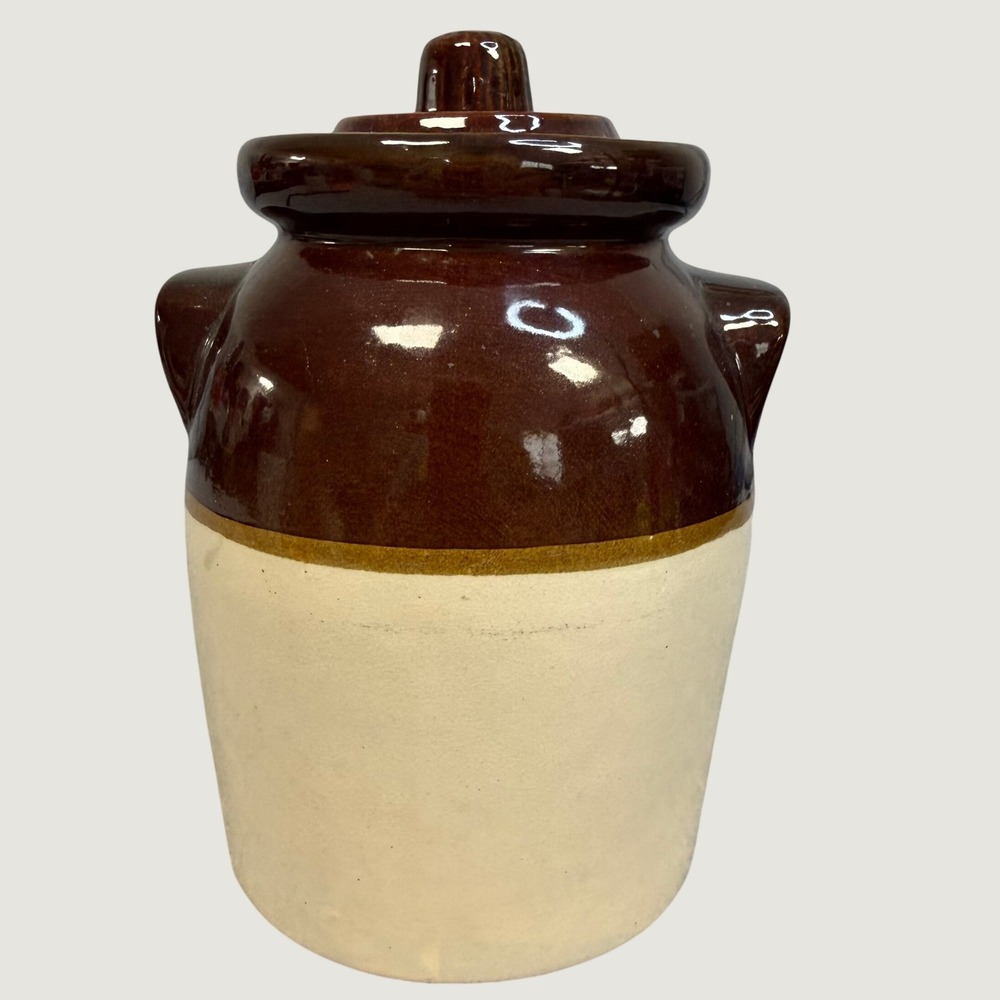 Vintage Two Tone Brown and Cream Stoneware Bean‎ Pot Crock with Lid and Handles